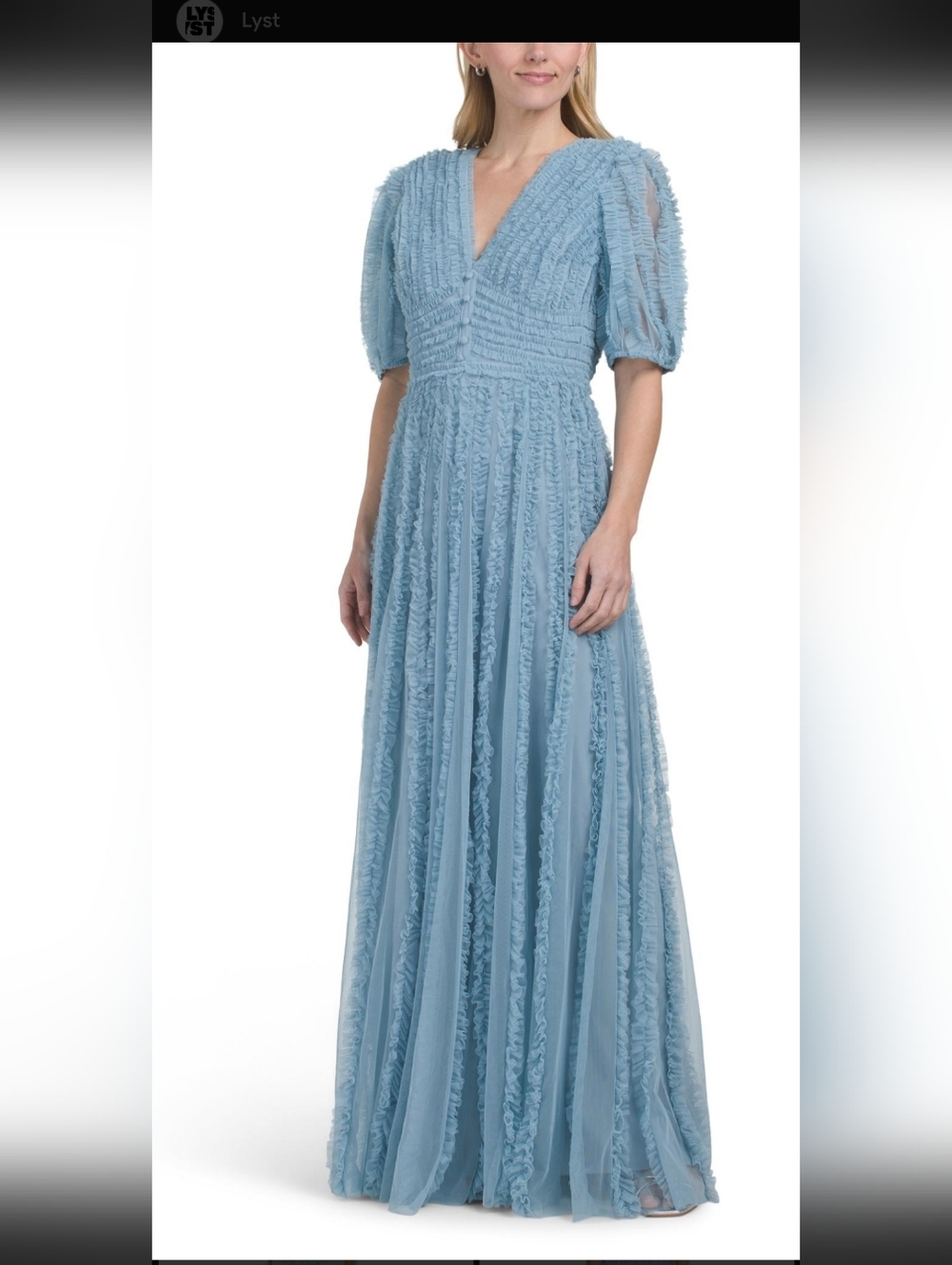 NWT Mac Duggal V Neck Puff Sleeve Ruffle Tiered A Line Gown Size 16